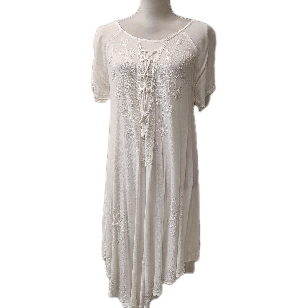 Fashion Force Women White Free Size Embroidered‎ Lace Up Midi Dress Short Sleeve